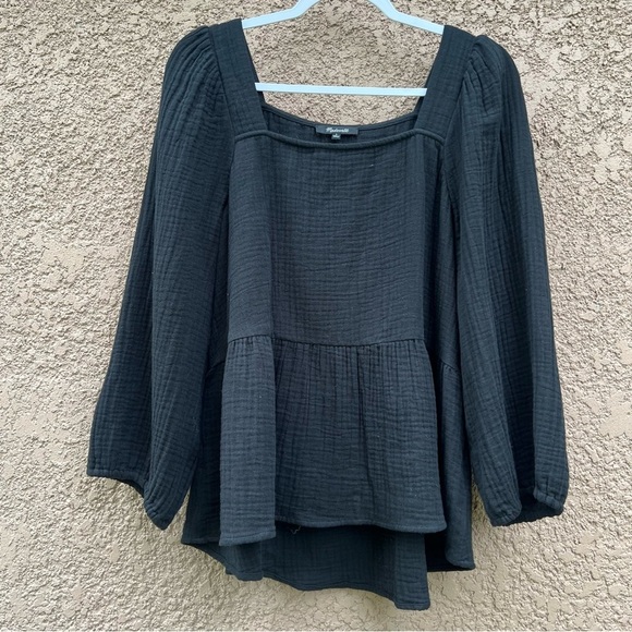 Madewell Tops - Madewell Lightspun Millbrook Puff-Sleeve Peplum Top Womens Large Black Casual